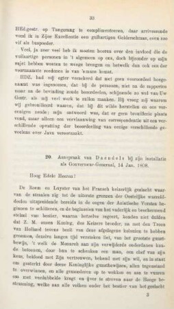 20. Aanspraak van Daendels bij zijn installatie als Gouverneur-Generaal, 14 Jan. 1808