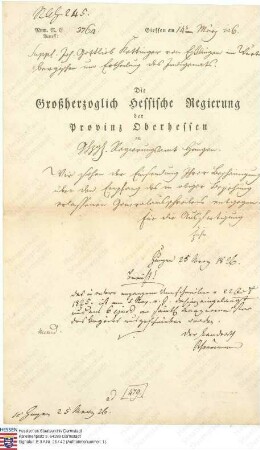 Benachrichtigung: Die Regierung in Gießen erwartet vom Landrat in Hungen den Eingang des Generalausschreibens über Johann Gottlieb Kettinger von Esslingen wegen der Einbürgerung