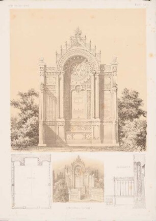 Erbbegräbnis, Berlin: Grundriss, Perspektivische Ansicht, Ansicht, Schnitt C D (aus: Architektonisches Skizzenbuch, H. 21, 1855)