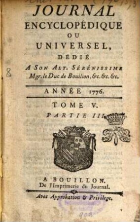 Journal encyclopédique ou universel. 1776, 5