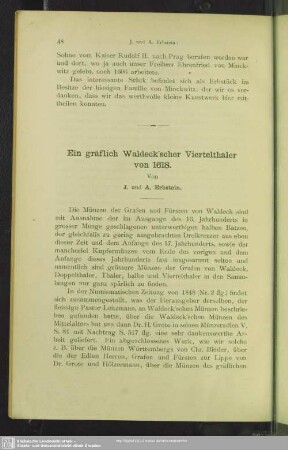Ein gräflich Waldeck'scher Viertelthaler von 1618