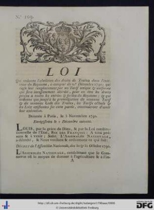Loi, Qui ordonne l'abolition des droits des Traites dans l'intérieur du Royaume, à compter du 1er Décembre 1790.