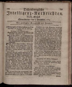 Sonnabends: den 3. December 1774.