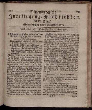 Sonnabends: den 3. December 1774.