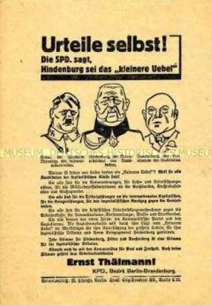 Illustriertes Propagandaflugblatt der KPD für die Wahl von Thälmann bei der Reichspräsidentenwahl 1932