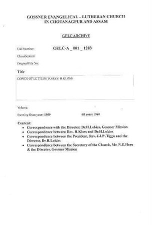 COPIES OF LETTERS TO REV.H.KLOSS
