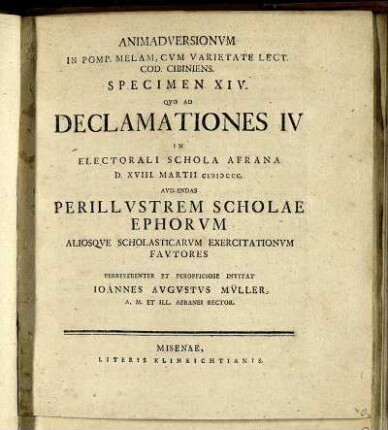 Spec. 14: Animadversionum In Pomp. Melam, Cum Varietate Lect. Cod. Cibiniens. Specimen XIV..