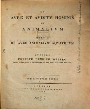 De avre et avditv hominis et animalivm, 1. De aure animalium aquatilium : cum x tabulis aeneis