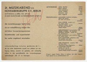 21. Musikabend der Novembergruppe, 8. April 1931. Einladung und Programm