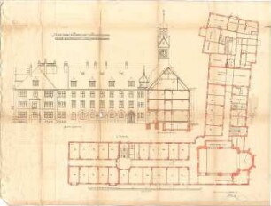 Seidl, Gabriel von; München, Öttingen- / Reitmorstr.; Vinzentinum - Grundriss 1. OG, Südseite (Ansicht m. Schnitt)