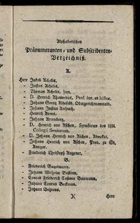 Alphabetisches Pränumeranten- und Subscribenten-Verzeichniß.