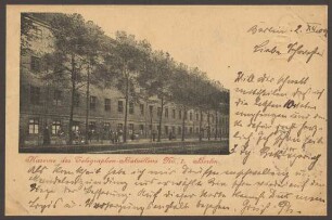 Ansichtskarte "Kaserne des Telegraphen-Bataillons No. 1" mit Zeichnung