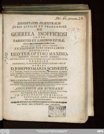 Dissertatio Inauguralis Juris Civilis Et Franconici De Querela Inofficiosi Inter Parentes Et Liberos Exule