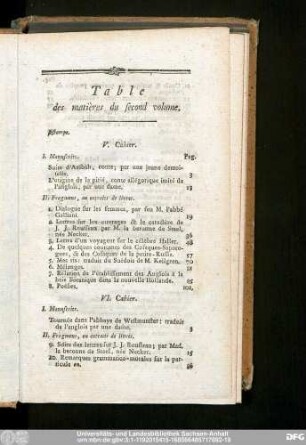 Table des matières du second volume.