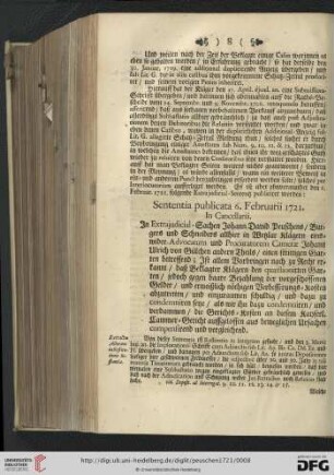 Sententia publicata 6. Februarii 1721