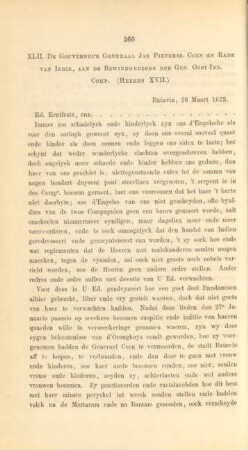 XLII. De gouverneur generaal Jan Pietersz. Coen en Rade van Indie aan de bewindhebbers der generale Oost-Ind. Comp. (Heeren XVII.)