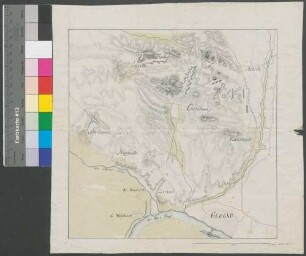 Glogau (Manöverkarte); [ohne Titel]; ohne Verfasser; 2.000 Schritte = 10 cm; 26 x 26 cm; Papier; Federzeichnung mit Schraffen; Ortschaften angedeutet; Gewässer und Talauen in Wasserfarben; Truppenstellungen eingezeichnet.