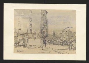 Colorierte Kugelschreiberzeichnung von Karl-Heinz Klingbeil: "Mainzer-Eck" (1985)