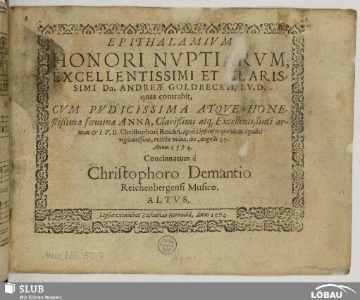 Epithalamium Honori Nuptiarum ... : Dn. Andreae Goldbecki ... cum ... foemina Anna ... Christophori Reichij ... relicta vidua