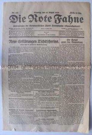 Kommunistische Tageszeitung "Die Rote Fahne" u.a. zur Rede Lenins auf dem 2. Kongress der Komintern