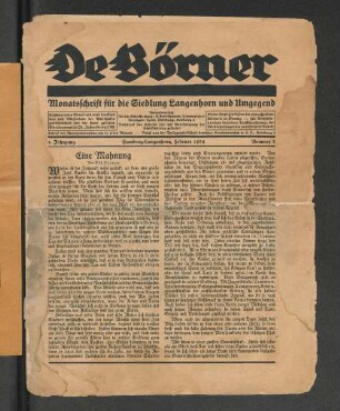 4. Jahrgang, Hamburg-Langenhorn, Februar 1924, Nummer 2 : Monatsschrift für die Siedlung Langenhorn und Umgebung