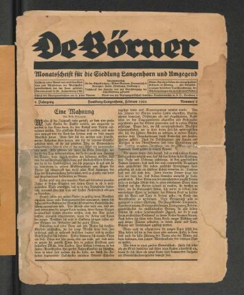4. Jahrgang, Hamburg-Langenhorn, Februar 1924, Nummer 2 : Monatsschrift für die Siedlung Langenhorn und Umgebung