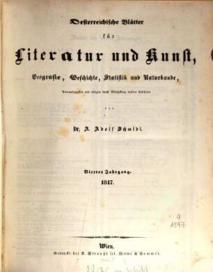 Österreichische Blätter für Literatur und Kunst, Geschichte, Geographie, Statistik und Naturkunde. 4, 4. 1847