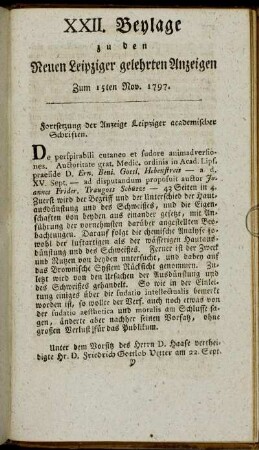 XXII. Beylage zu den Neuen Leipziger gelehrten Anzeigen - Zum 15ten Nov. 1797.