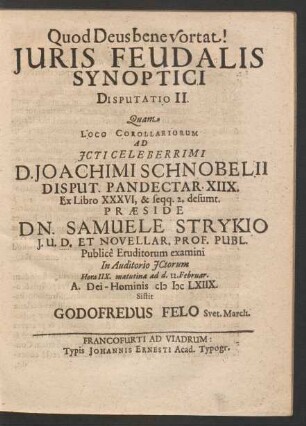 2: Iuris Feudalis Synoptici Disputatio II.