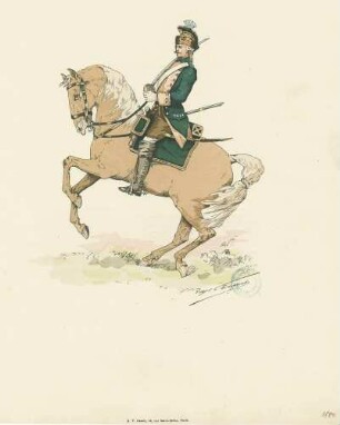 Reiter mit grün-beigefarbenen Waffenrock, Zierhelm, braune Hose und graue Stulpenstiefeln, umgehängte Muskete und gezogenem Säbel, Jahr 1800, Seitenansicht