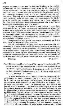 Schramm, Percy E. ; Lutteroth, Ascan W. :: Verzeichnis gedruckter Quellen zur Geschichte hamburgischer Familien unter Berücksichtigung der näheren Umgebung Hamburgs, hrsg. von der Zentralstelle für Niedersächsische Familiengeschichte e.V. : Hamburg, 1921