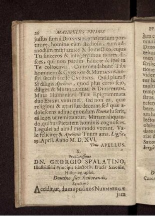 X. Praeclarissimo Dn. Georgio Spalatino, Illustrissimi Principis Electoris, Ducis Saxoniae, Historiographo ... / Joann. Stabius