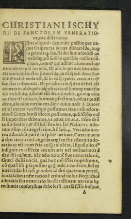 Christiani Ischyrii De Sanctorum Veneratione, pia dissertatio.