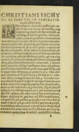 Christiani Ischyrii De Sanctorum Veneratione, pia dissertatio.