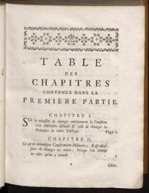Table des Chapitres contenus dans La Première Partie.