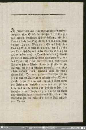 Verlagsmitteilung v. Eduard Hitzig, betr. die Schriften v. Carl Gozzi. von Julius Eduard Hitzig, Berlin, 1808
