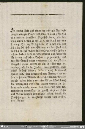 Verlagsmitteilung v. Eduard Hitzig, betr. die Schriften v. Carl Gozzi. von Julius Eduard Hitzig, Berlin, 1808