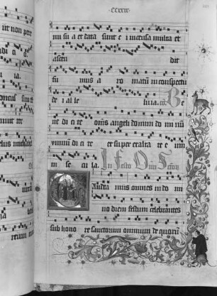 Graduale (Benediktinerhandschrift) — Textseite mit historisierter Initiale und Figuren in der Bordüre, Folio 224recto