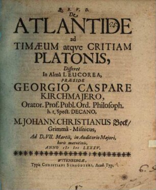 De Atlantide, ad Timaeum atque Critiam Platonis