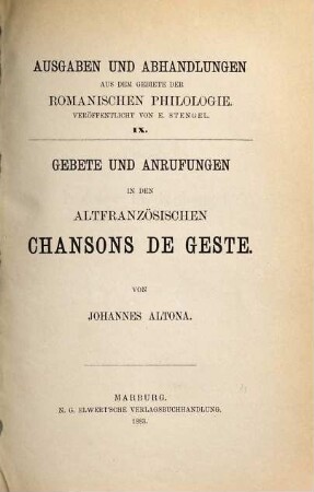 Gebete und Anrufungen in den altfranzösischen Chansons de geste