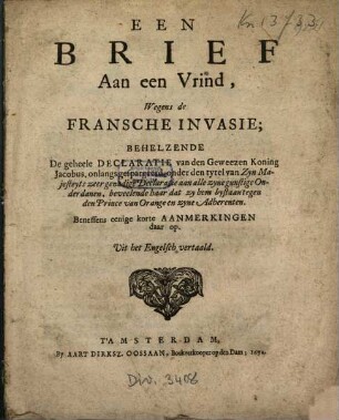 Een Brief Aan een Vrind, Wegens de Fransche Invasie