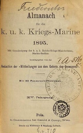 Almanach für die K. und K. Kriegsmarine : mit Genehmigung d. K. u. K. Kriegsministeriums, Marinesektion. 1895 = Jg. 15
