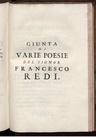 Giunta Varie Poesie Del Signor Francesco Redi.