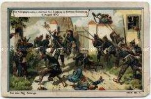 Sammelbild "Die Königsgrenadiere stürmen den Eingang zu Schloss Geissberg" der Serie "Aus dem 70er Feldzuge" (Serie 347, Nr. 1)