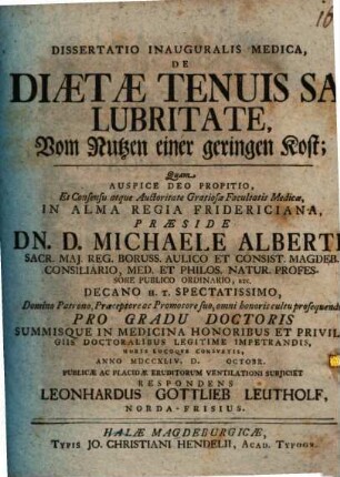 Dissertatio inauguralis medica de diaetae tenuis salubritate, vom Nutzen einer geringen Kost