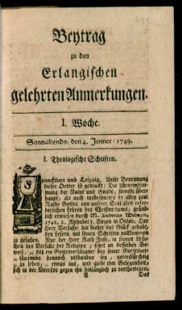 I. Woche (4. Jenner 1749)-LII. Woche (27. December 1749): Beytrag zu den Erlangischen gelehrten Anmerkungen