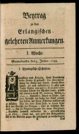 I. Woche (4. Jenner 1749)-LII. Woche (27. December 1749): Beytrag zu den Erlangischen gelehrten Anmerkungen