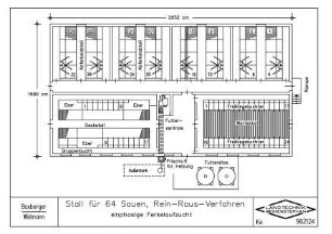 Stall für 64 Sauen, Rein-Raus-Verfahren (einphasige Ferkelaufzucht)