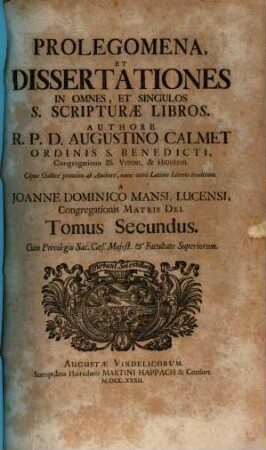 Prolegomena, Et Dissertationes In Omnes Et Singulos S. Scripturæ Libros, Tomus Secundus