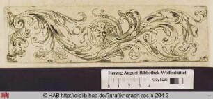 Entwurf für einen Fries mit filigranem Akanthusblattwerk, einer mittigen Rose und Rollwerk links.